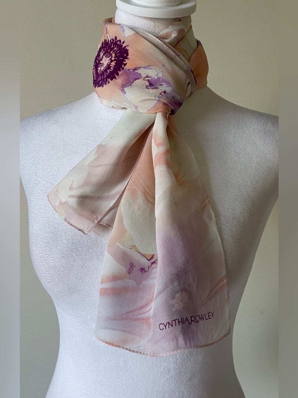 Cynthia Rowley Peach, Lavender & Purple Floral Silk like feel Scarf EUC